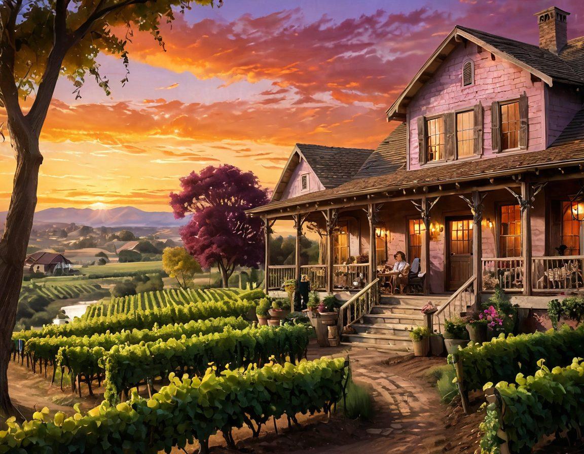 A serene vineyard landscape at sunset, featuring a charming vineyard home surrounded by lush grapevines, with a couple enjoying a glass of wine on the porch. The sky is painted with warm hues of orange and pink, and a rustic wooden sign reads 'Harvest Happiness'. Include rolling hills in the background and a peaceful river reflecting the sunset. vibrant colors. super-realistic.