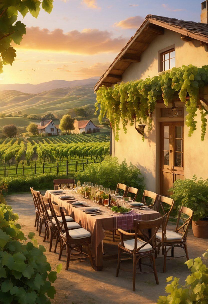 A picturesque vineyard at sunset, showcasing lush grapes hanging from vibrant green vines. A happy group of diverse friends raises glasses of wine, celebrating with laughter, while surrounded by lush hills and a cozy farmhouse. Soft, warm colors fill the sky, reflecting the joy of community living. rustic charm. serene atmosphere. super-realistic. vibrant colors.