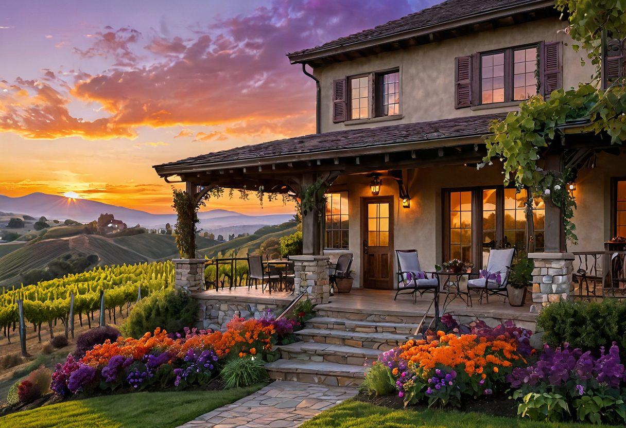 A serene vineyard at sunset, featuring a luxurious home nestled among lush grapevines. A couple enjoys a glass of wine on the porch, surrounded by vibrant flowers and hills in the background. The sky is painted in warm hues of orange and purple, creating a tranquil atmosphere. A wooden sign that reads 'Sip Into Happiness' is subtly placed among the vines. super-realistic. vibrant colors. peaceful ambiance.